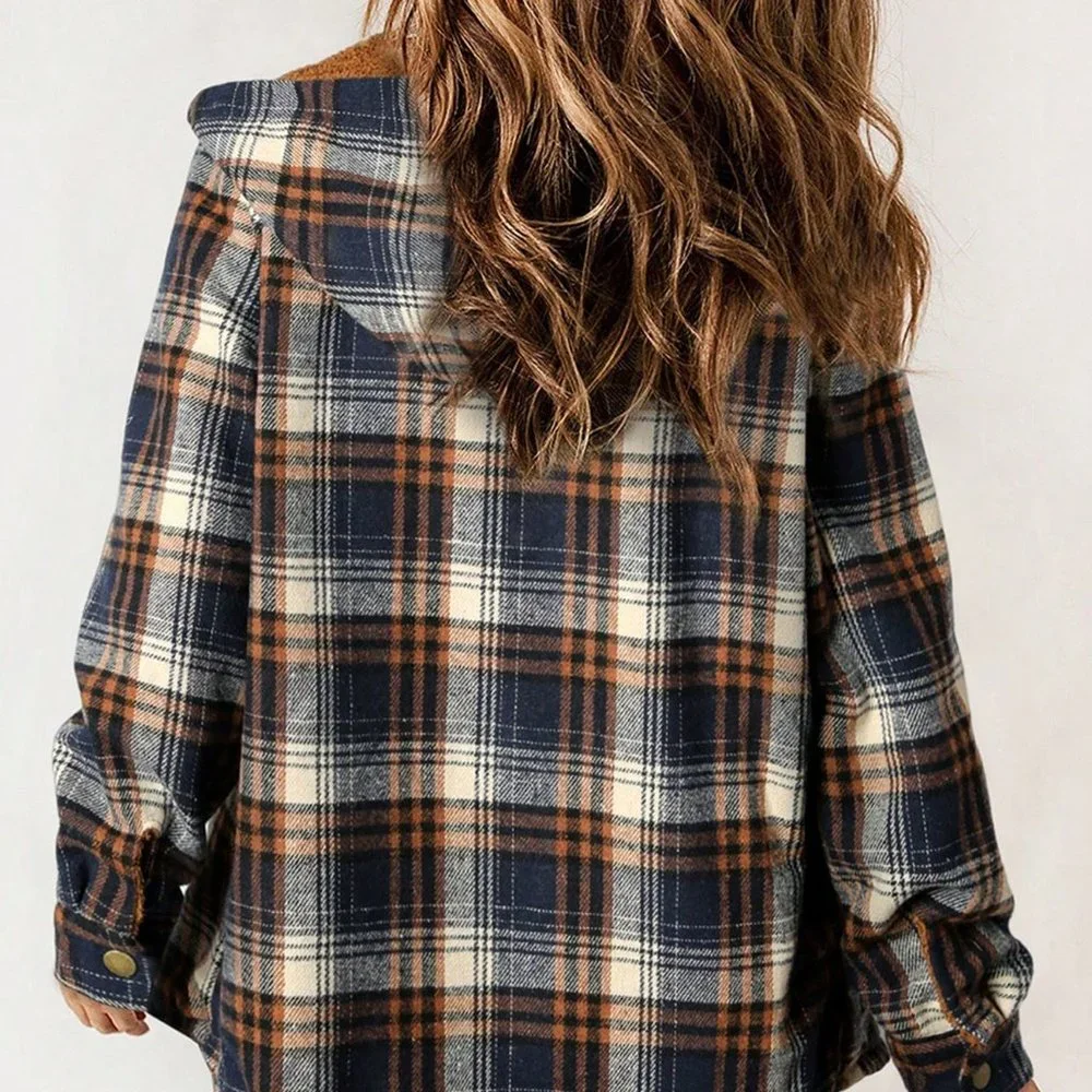 Blue Casual Womens Plaid Print Teddy Lined Hooded Coat - Picture 2 of 4